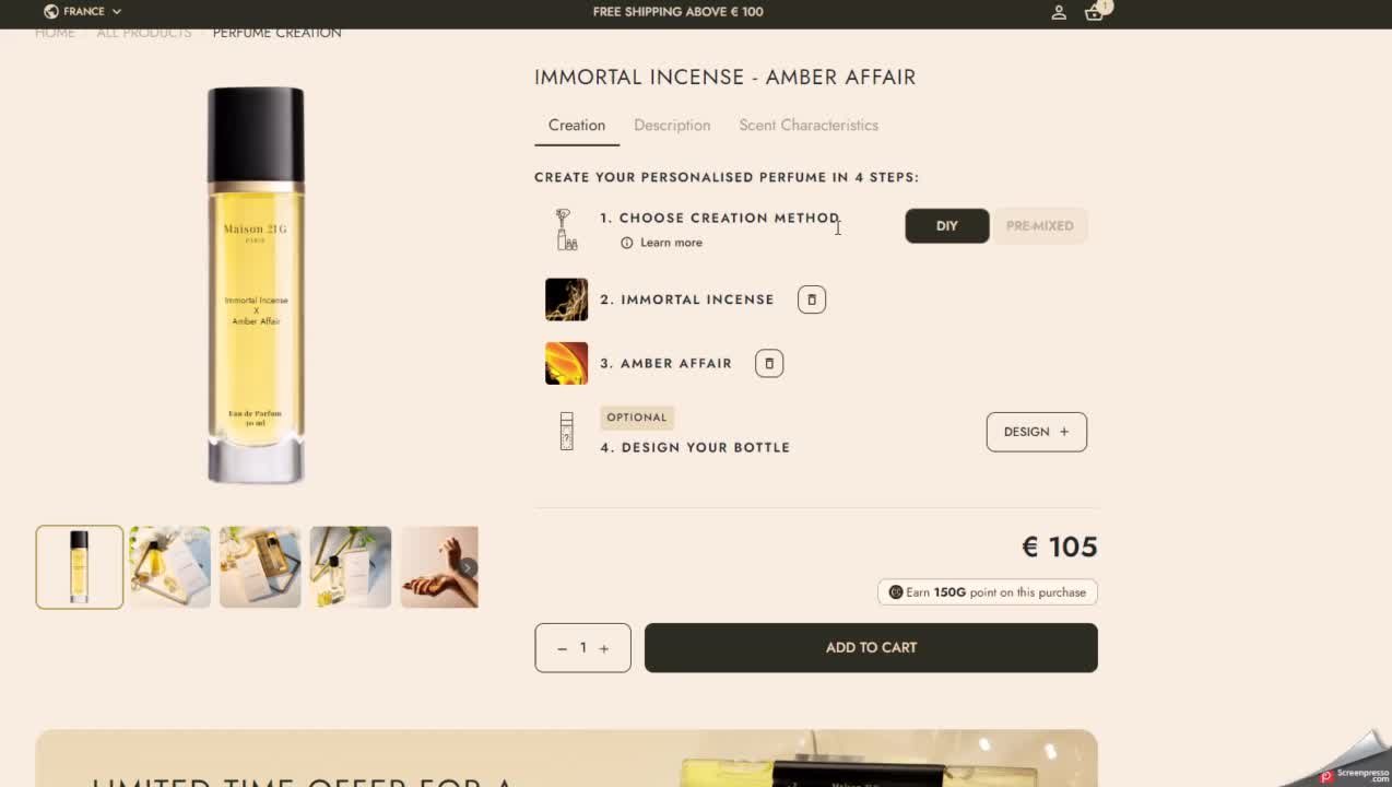 Maison 21G online bottle customisation flow