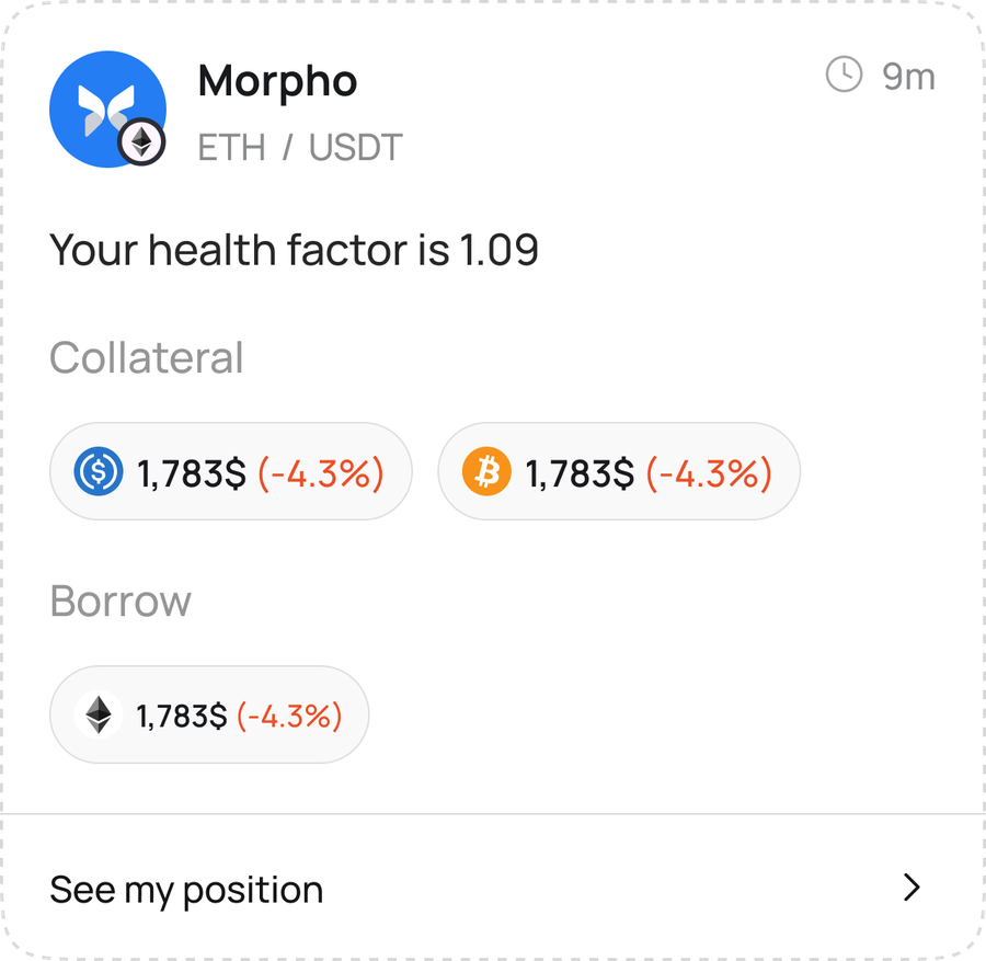 Otomato alert card: Morpho health factor at 1.09 with collateral and borrow