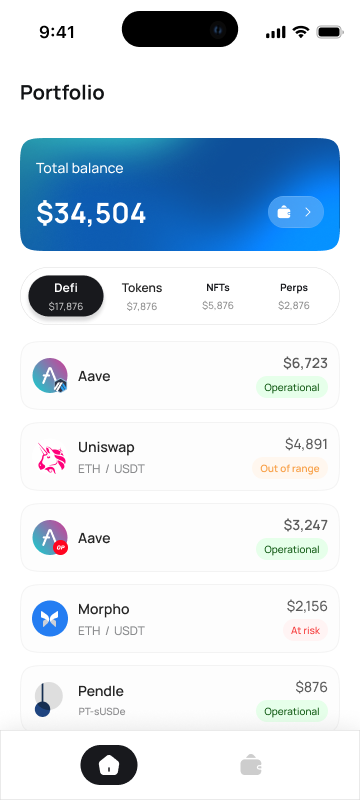 Otomato mobile app: portfolio screen showing Aave, Uniswap, Morpho and Pendle positions